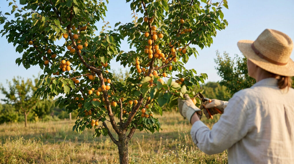 Une personne portant un chapeau de paille taille un abricotier chargé de fruits dans un verger ensoleillé.