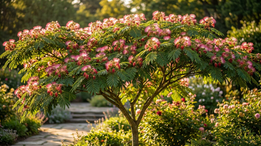 Un magnifique albizia en fleurs avec ses feuillages plumeux et ses fleurs roses vaporeuses dans un jardin ensoleillé.