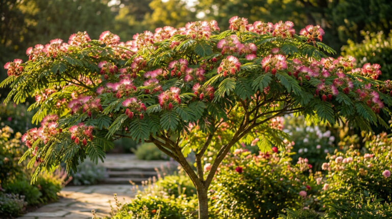 Un magnifique albizia en fleurs avec ses feuillages plumeux et ses fleurs roses vaporeuses dans un jardin ensoleillé.