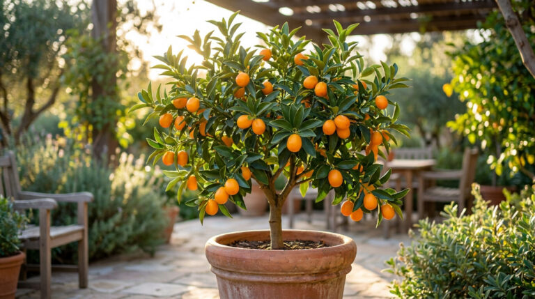 Un magnifique kumquat chargé de fruits oranges dans un grand pot en terre cuite sur une terrasse ensoleillée.