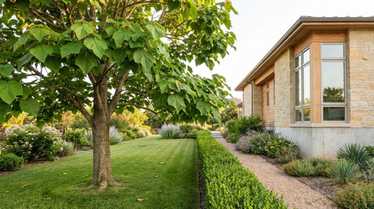 Un Paulownia à grandes feuilles dans un jardin paysager à côté d'une maison moderne en pierre et bois.