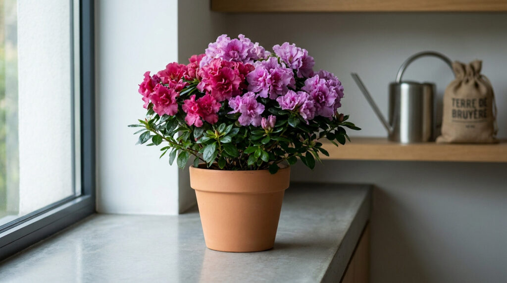 Une azalée en fleurs roses et violettes dans un pot en terre cuite sur un rebord de fenêtre près d'un arrosoir.