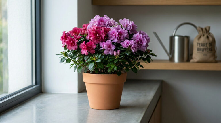 Une azalée en fleurs roses et violettes dans un pot en terre cuite sur un rebord de fenêtre près d'un arrosoir.