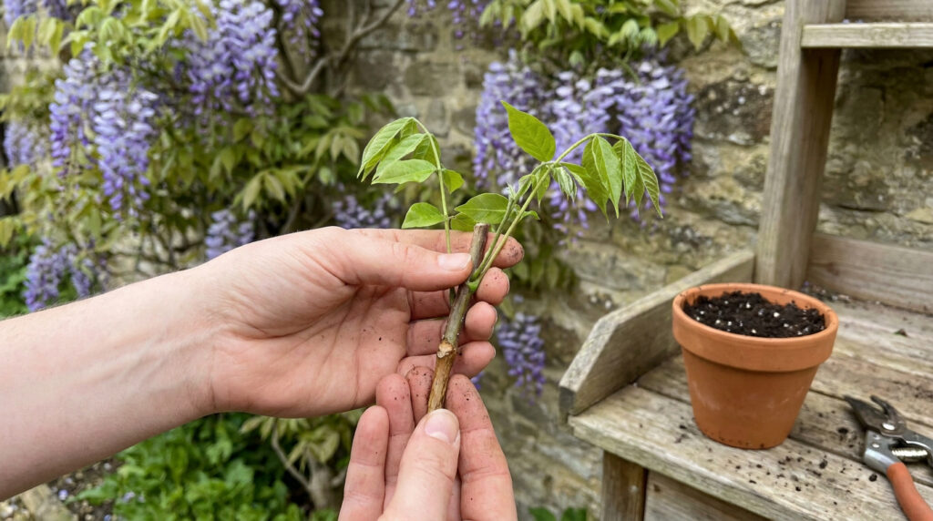 Gros plan sur deux mains tenant une bouture de glycine prête à être plantée devant une glycine en fleurs.
