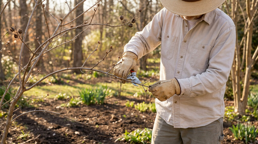 Un jardinier portant un chapeau et des gants en cuir taille un lilas des Indes avec un sécateur au printemps.