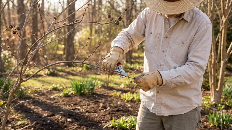 Un jardinier portant un chapeau et des gants en cuir taille un lilas des Indes avec un sécateur au printemps.