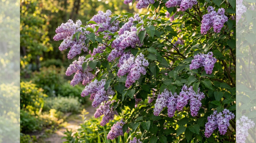 Buisson de lilas en fleurs avec des grappes de fleurs violettes et mauves sous une lumière douce de fin de journée.