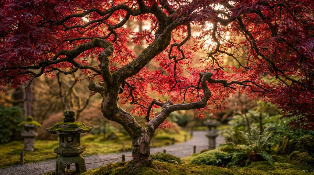 Érable du Japon rouge au feuillage éclatant dans un jardin zen avec une lanterne en pierre sous une douce lumière.