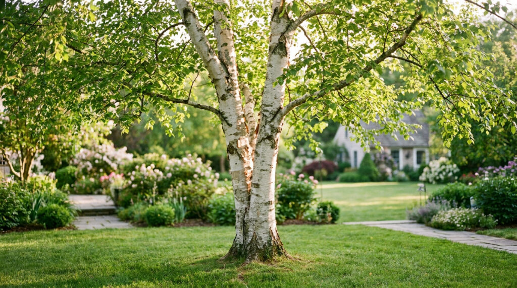 Un magnifique bouleau blanc au tronc distinctif au milieu d'un jardin verdoyant et ensoleillé.