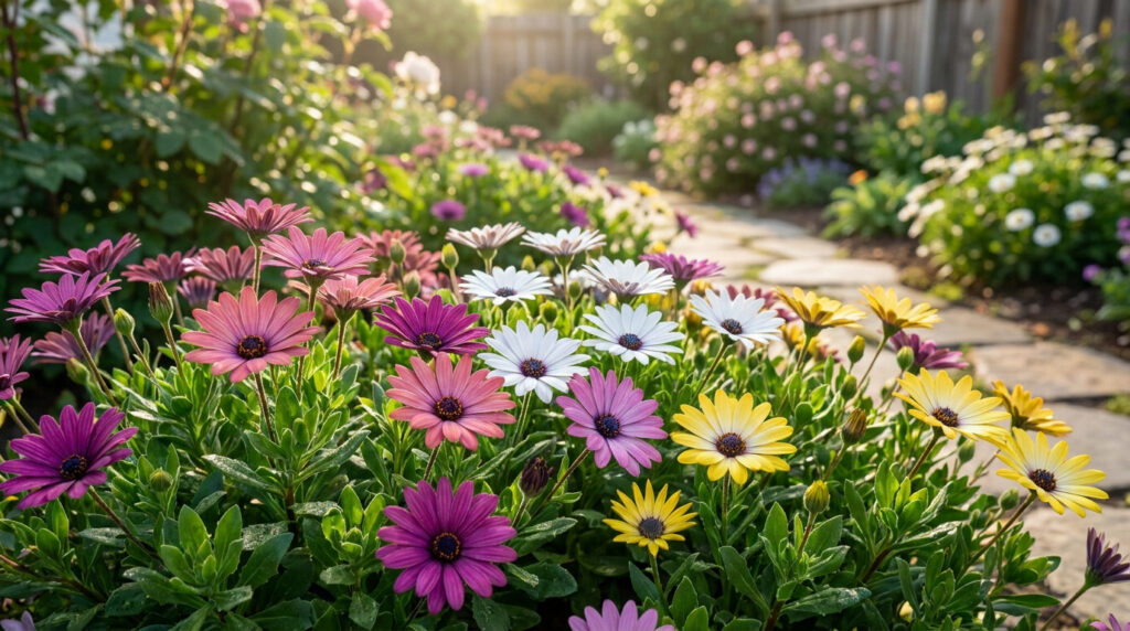 Un parterre ensoleillé d'Osteospermum multicolores avec des fleurs roses, blanches et jaunes le long d'une allée en pierre.