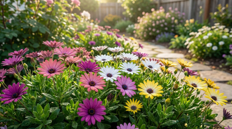 Un parterre ensoleillé d'Osteospermum multicolores avec des fleurs roses, blanches et jaunes le long d'une allée en pierre.