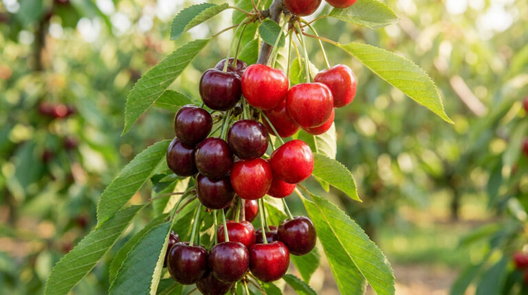 Une grappe de cerises mûres, rouges et foncées, suspendue à une branche dans un verger ensoleillé.