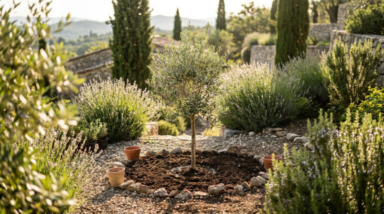 Jeune olivier planté au centre d'un jardin méditerranéen entouré de lavandes et de cyprès au coucher du soleil.