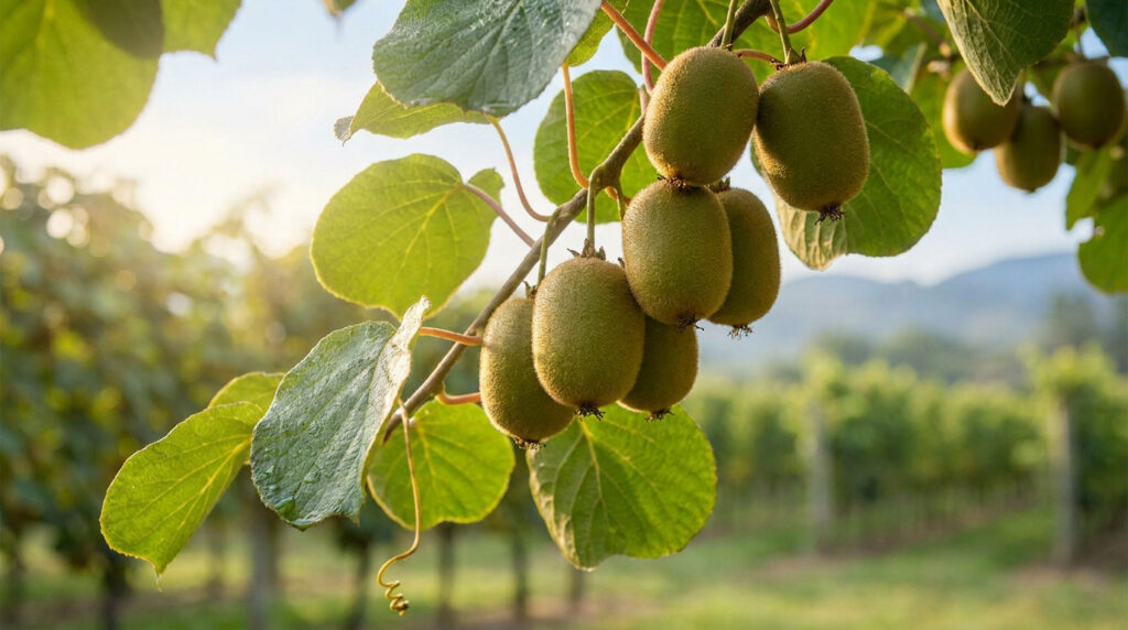 Gros plan sur des kiwis mûrs suspendus aux branches d'une liane d'actinidier dans un verger ensoleillé.