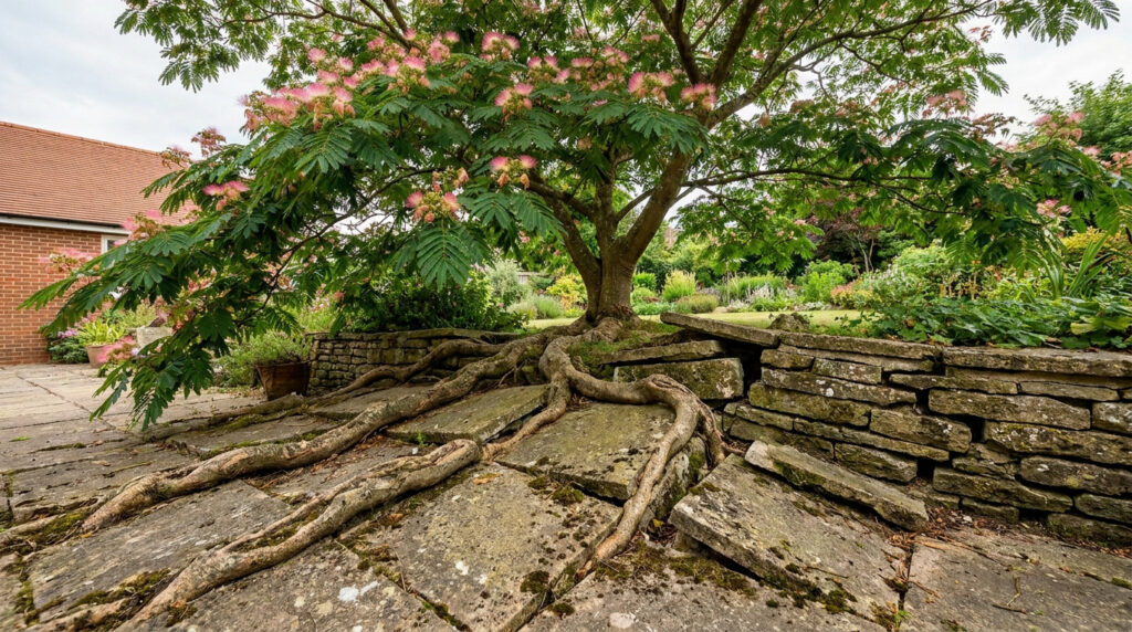 Racines d'un Albizia soulevant les dalles d'une terrasse en pierre dans un jardin.