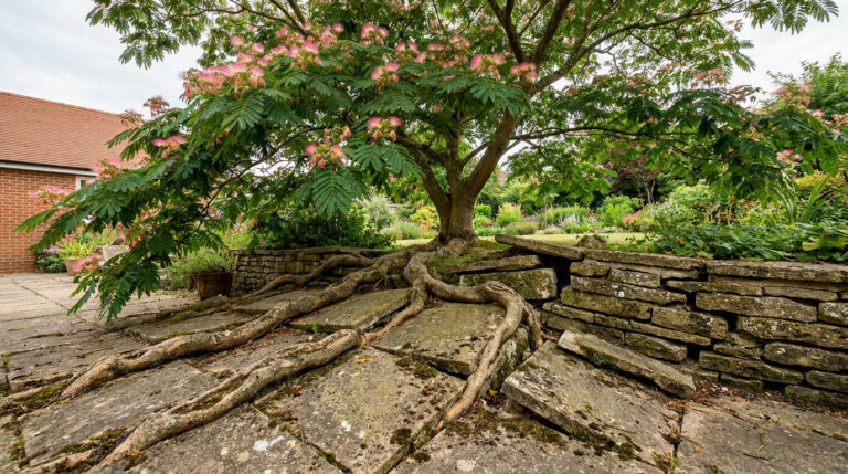 Racines d'un Albizia soulevant les dalles d'une terrasse en pierre dans un jardin.