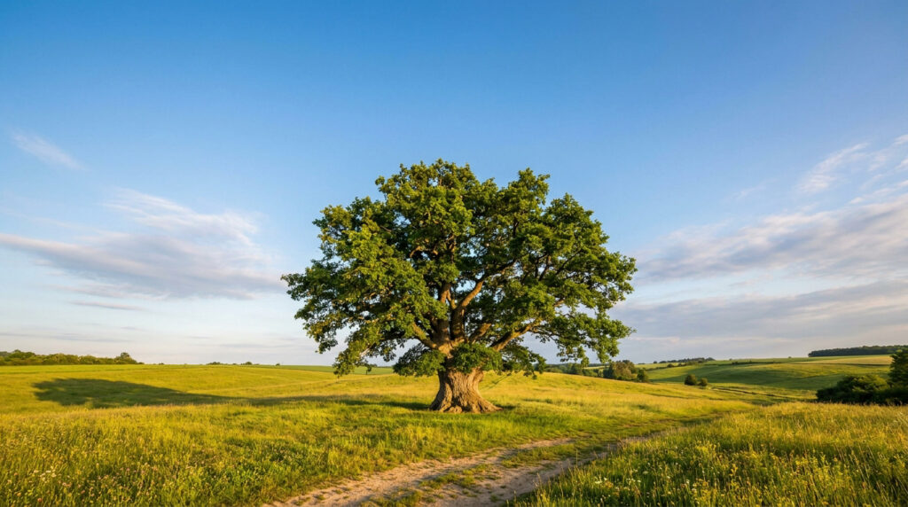 Un grand arbre majestueux au milieu d'un champ ensoleillé sous un ciel bleu clair.