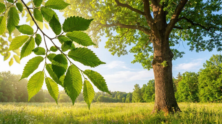 Gros plan sur les feuilles d'un orme avec un grand arbre et une prairie ensoleillée en arrière-plan.