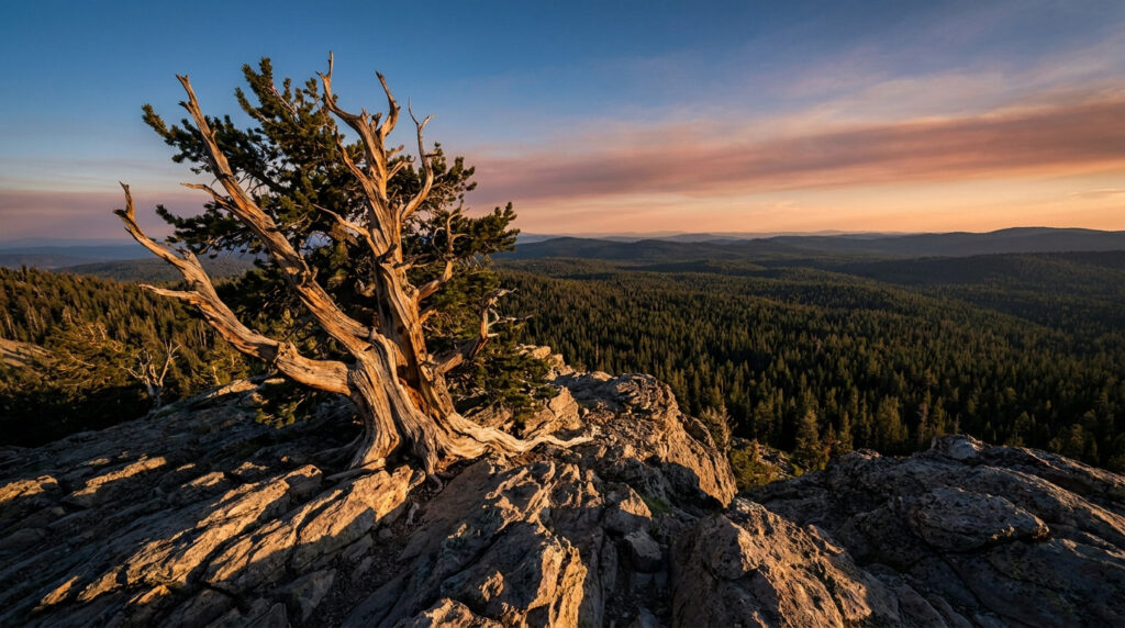 Un arbre ancien et noueux au sommet d'une falaise rocheuse surplombant une vaste forêt au coucher du soleil.