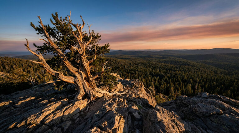 Un arbre ancien et noueux au sommet d'une falaise rocheuse surplombant une vaste forêt au coucher du soleil.