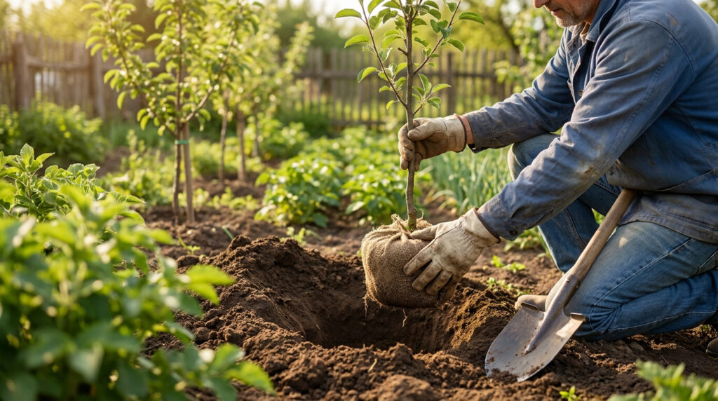 Un jardinier en gants de travail plante un jeune arbre fruitier avec une motte en toile de jute dans un jardin ensoleillé.