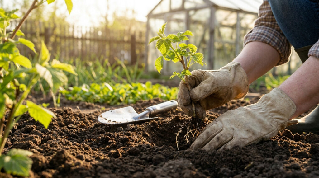 Un jardinier en gants plante un jeune framboisier dans la terre au coucher du soleil.