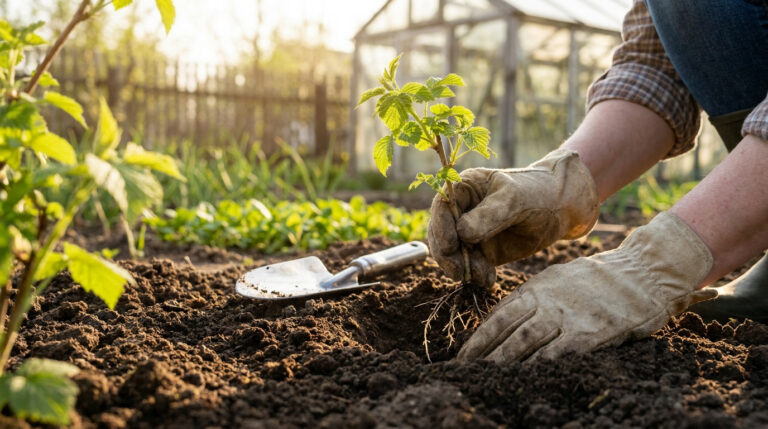 Un jardinier en gants plante un jeune framboisier dans la terre au coucher du soleil.