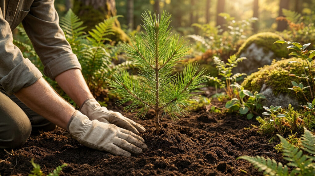 Gros plan sur des mains gantées plantant un jeune pin dans le sol fertile d'une forêt ensoleillée.