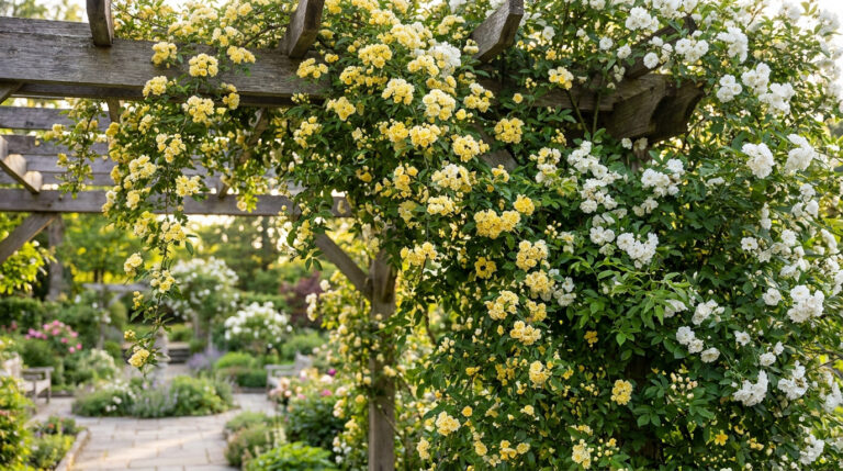 Une pergola en bois recouverte de grappes de petites roses jaunes et blanches dans un jardin ensoleillé.