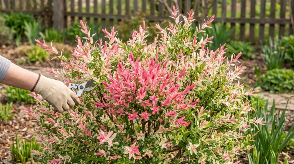 Main gantée utilisant un sécateur pour tailler un saule crevette aux feuilles roses et crème dans un jardin.