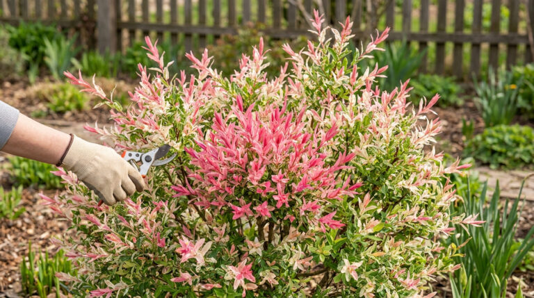 Main gantée utilisant un sécateur pour tailler un saule crevette aux feuilles roses et crème dans un jardin.