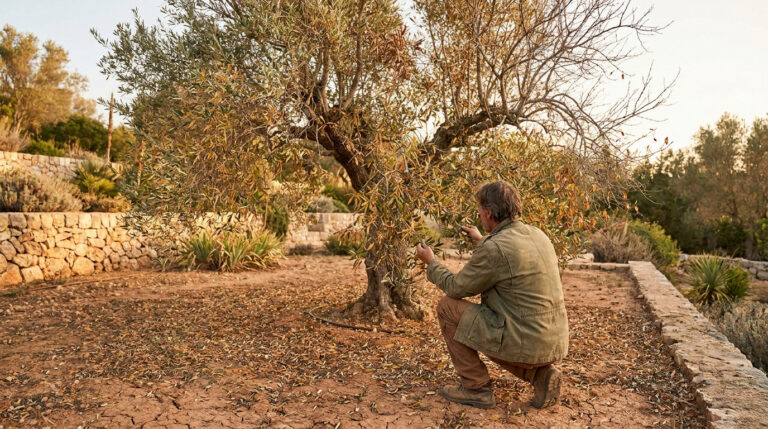 Un jardinier accroupi examinant un olivier dont les feuilles tombent dans un jardin sec et ensoleillé.