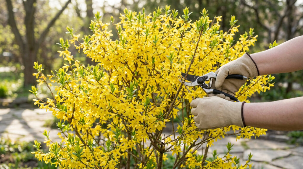 Mains avec des gants de jardinage taillant un forsythia en fleurs avec un sécateur dans un jardin ensoleillé.