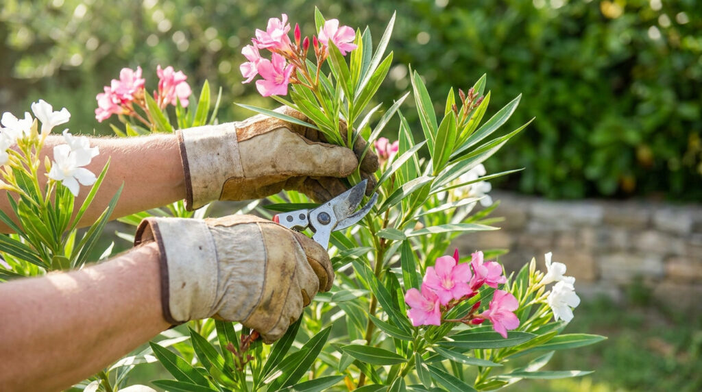 Mains gantées de jardinier coupant une tige de laurier-rose en fleurs avec un sécateur.