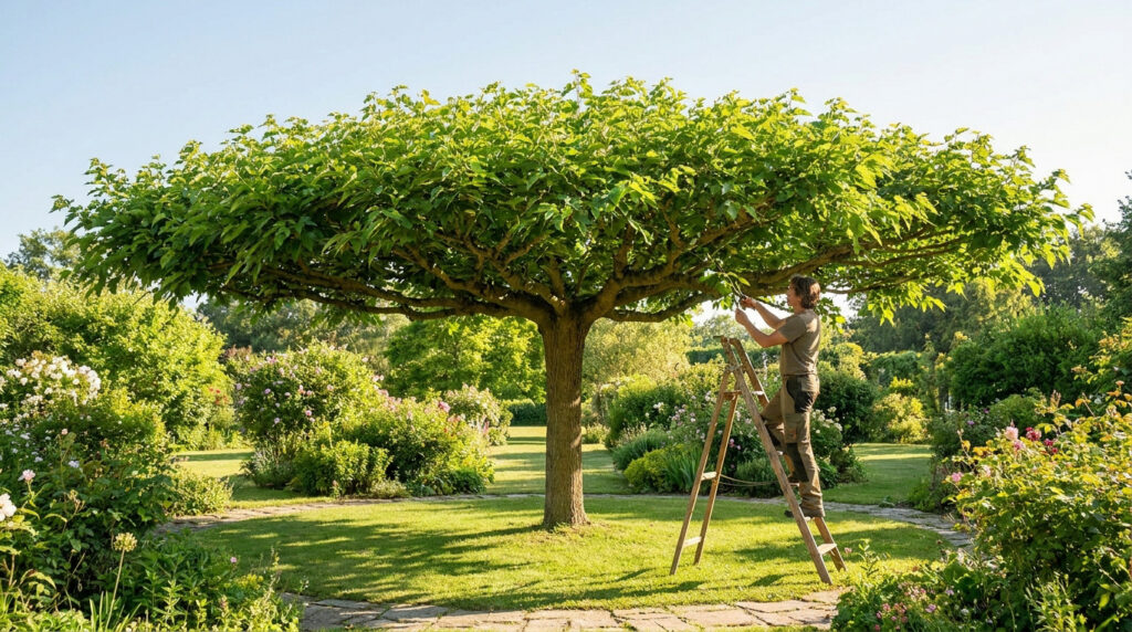 Un jardinier sur un escabeau taille les branches d'un grand mûrier platane en forme de parasol dans un jardin ensoleillé.