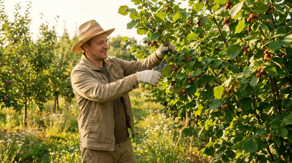 Un agriculteur souriant avec un chapeau de paille taille un noisetier dans un verger sous une lumière dorée.