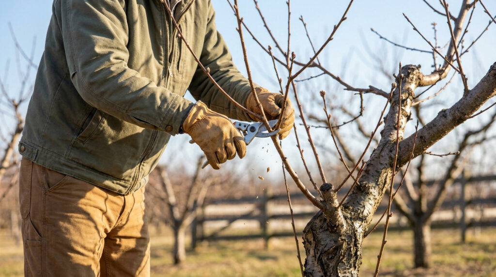 Un jardinier portant des gants en cuir utilise un sécateur pour tailler les branches d'un pêcher en hiver.