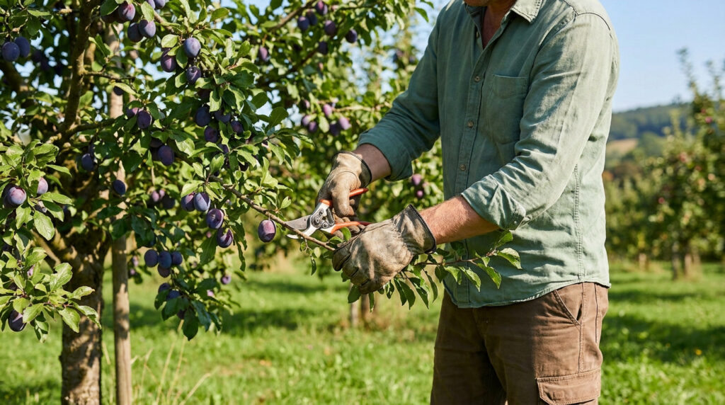 Un arboriculteur en gants de jardinage taille les branches d'un prunier chargé de fruits mûrs avec un sécateur.