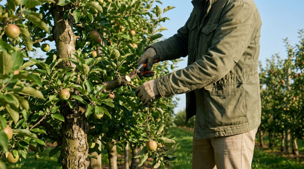 Un arboriculteur en veste verte taille une branche de pommier dans un verger ensoleillé avec des gants de jardinage.