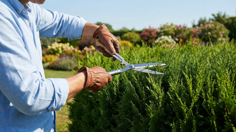 Personne portant des gants en cuir taillant une haie de cyprès avec des cisailles de jardin.