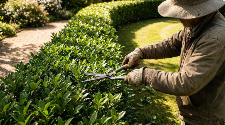Un jardinier portant un chapeau et des gants taille une haie de lauriers avec de grandes cisailles.