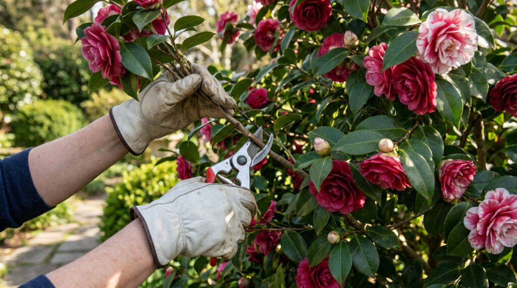 Mains avec gants de jardinage utilisant un sécateur pour tailler une branche de camélia en fleurs.