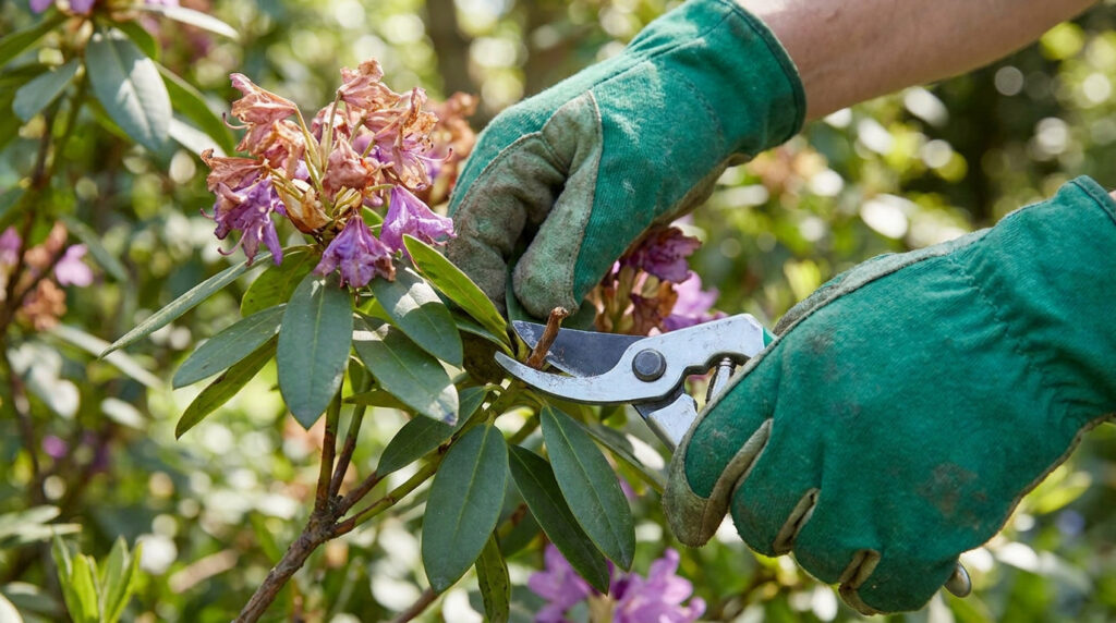 Mains avec des gants de jardinage vert coupant une tige de fleur fanée sur un rhododendron avec un sécateur.