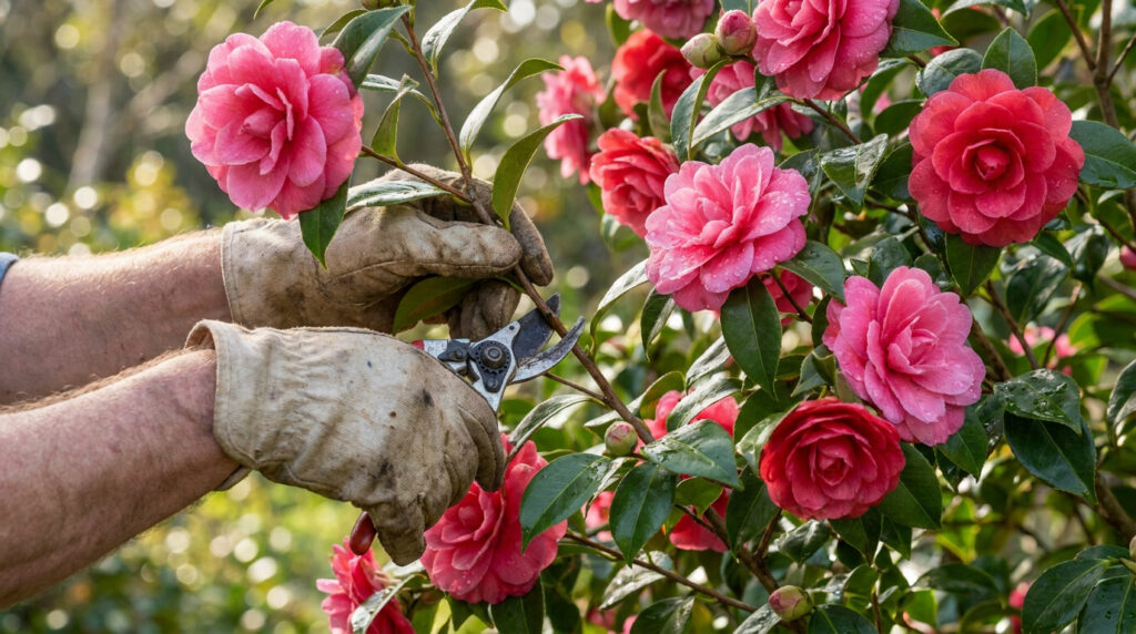 Mains avec gants de jardinage taillant une branche de camélia avec des fleurs roses en arrière-plan.